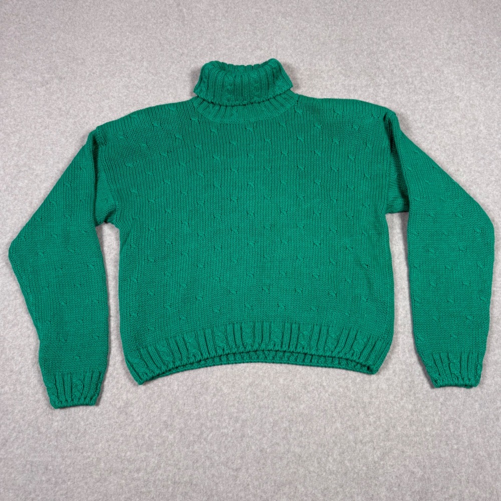 Casual Corner Vintage 90s Green Cozy Turtleneck Sweater Ramie Cotton Knit Size M